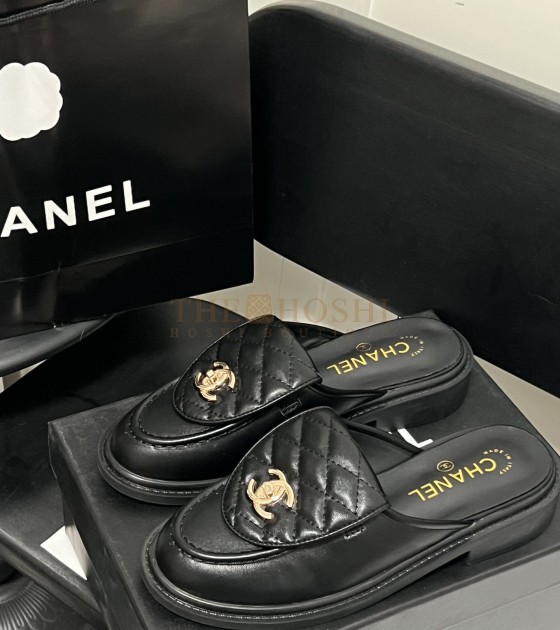 Ch**el Quilted Slip-On Black Loafer Mules Lamskin Leaher