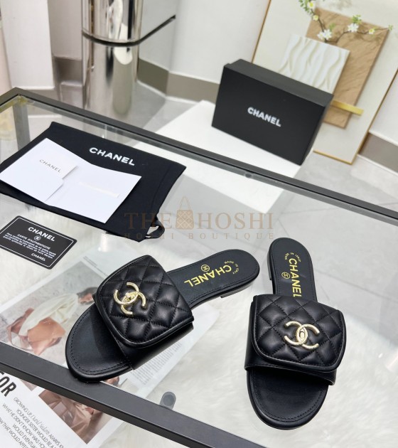 Ch**el Logo Slides Sandals Black Leather Sole 35-43