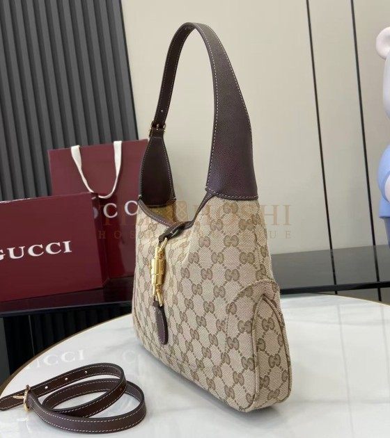 Gvc*1 Jackie Slim Famiglia Crossbody Bag GG Canvas Leather Trim Beige Brown 28×19×4.5cm Master quality