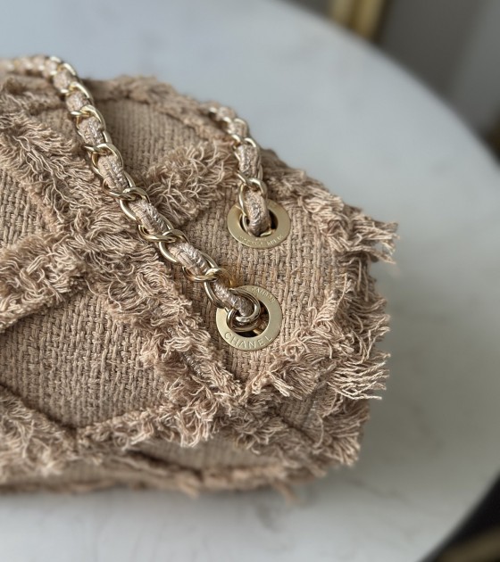 Ch**el Vintage Inspired Straw Bag Beige Linen Weave With Tassels 38×21×11cm Master Quality