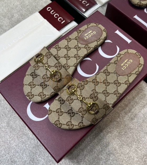 Gvc*1 Horsebit Flat Sandals Beige Ebony GG Canvas Size 36-42 Master Quality