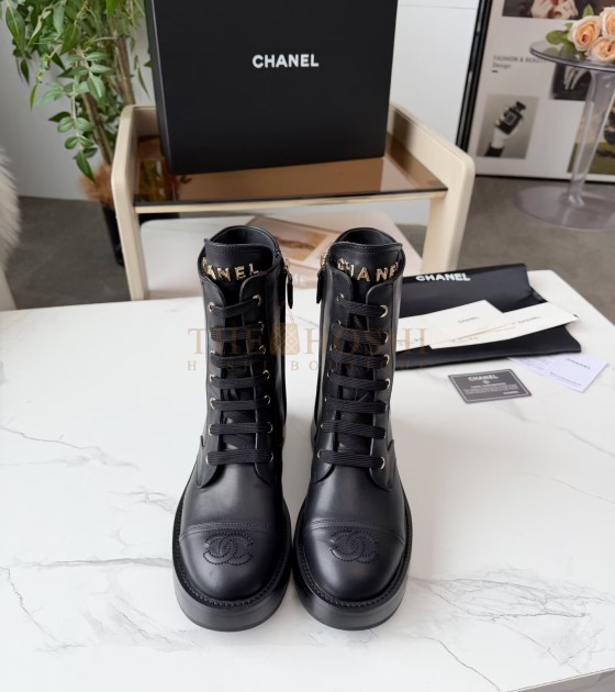 Ch**el Lace-Up Flats Leather Upper  Size 35-42 Black Master Quality