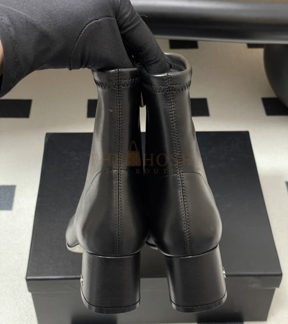 Ch**el Square-Toe Ankle Boots Elastic Lambskin & Leather Sole Black Women