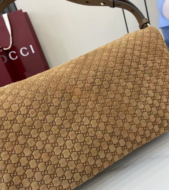 Gvc*1 Half Horsebit Shoulder Bag Brown GG Embossed Suede Brown 31.5×17×12cm