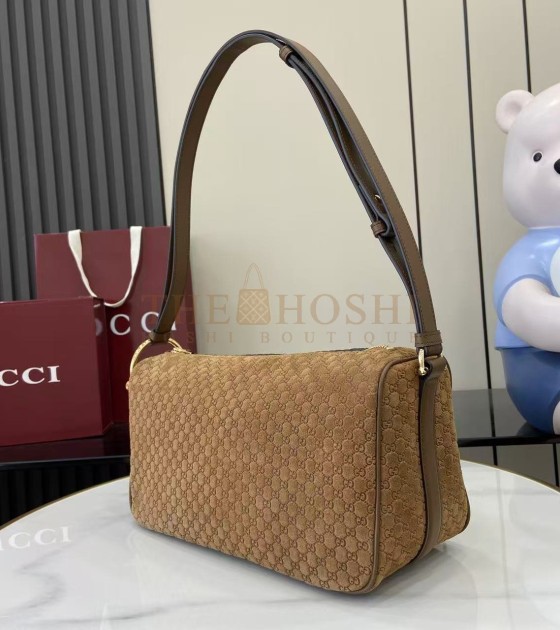 Gvc*1 Half Horsebit Shoulder Bag Brown GG Embossed Suede Brown 31.5×17×12cm