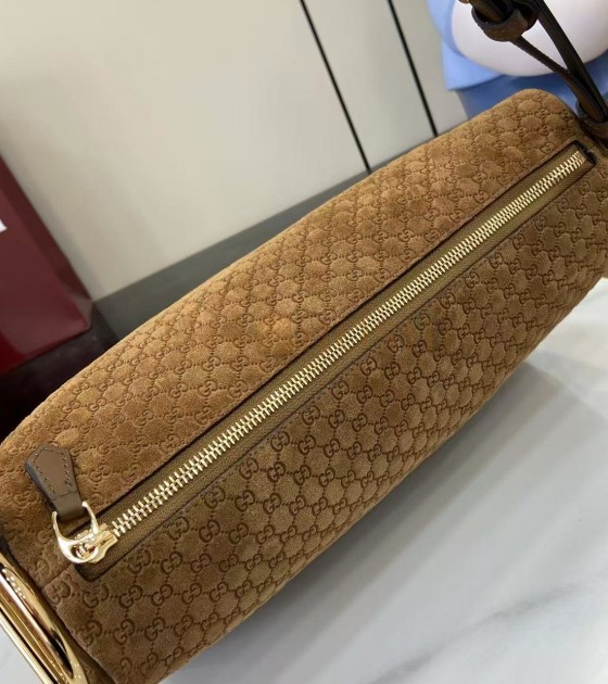 Gvc*1 Half Horsebit Shoulder Bag Brown GG Embossed Suede Brown 31.5×17×12cm