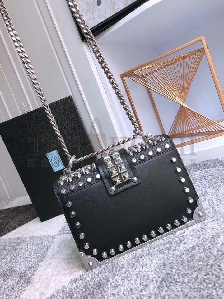 Pra*a Cahier Black Leather Shoulder Bag with Studded Master Quality