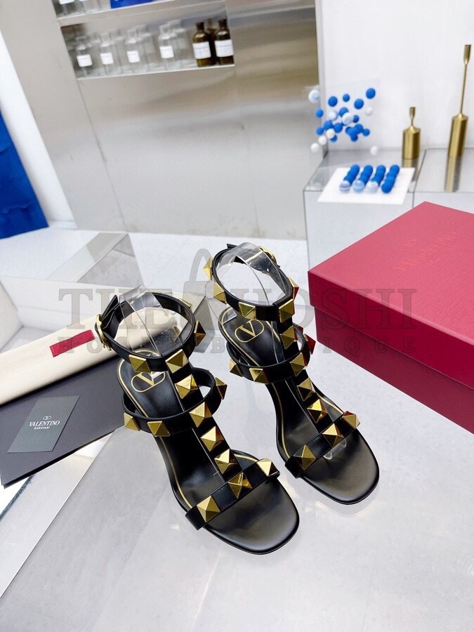 Va1e*ntin0 Roman Stud Sandals 100mm In Black Calfskin Master Quality
