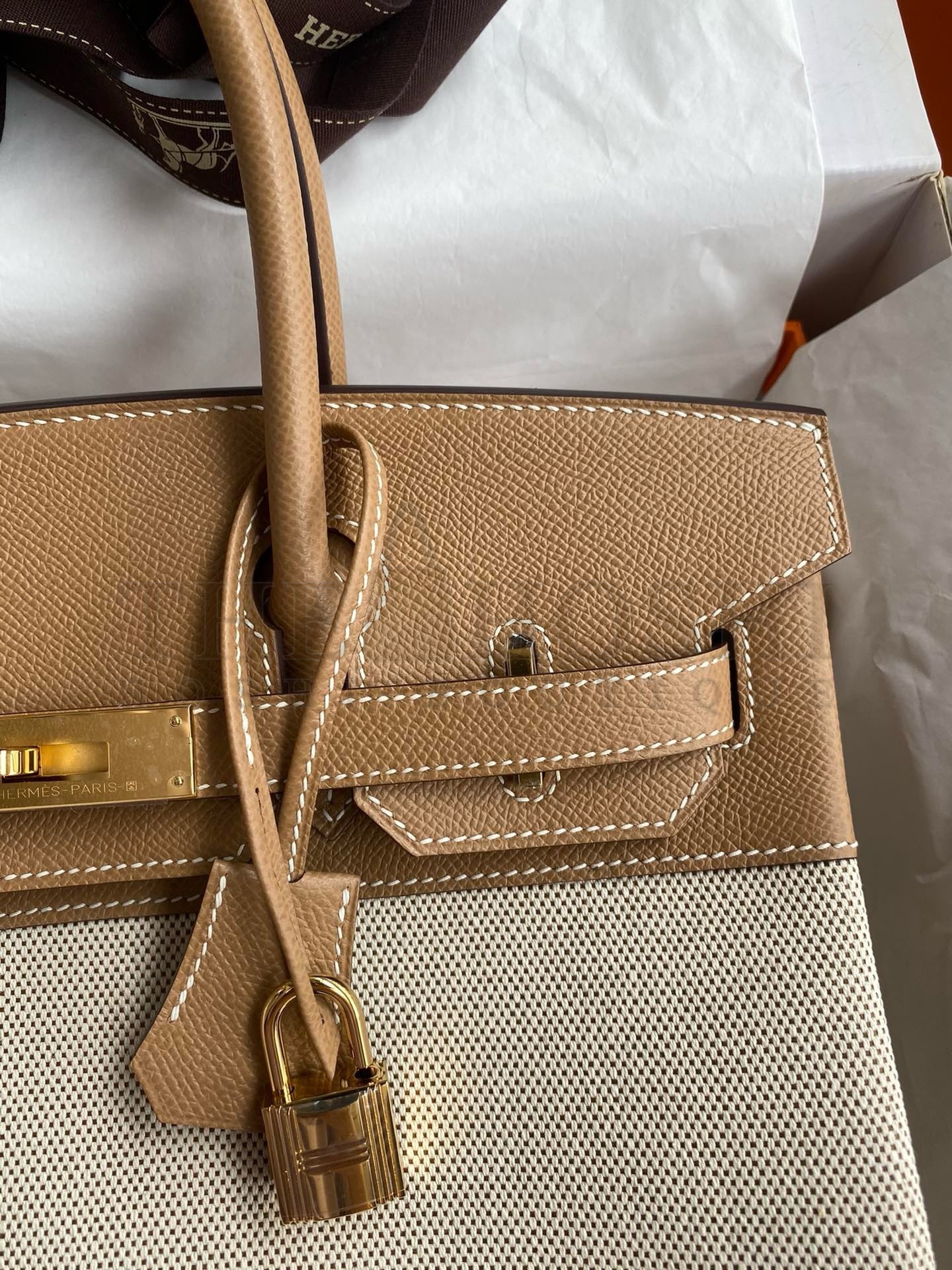 H**me5 Birkin 30 Handmade Bag In Toile & Chai Epsom Leather Master Quality