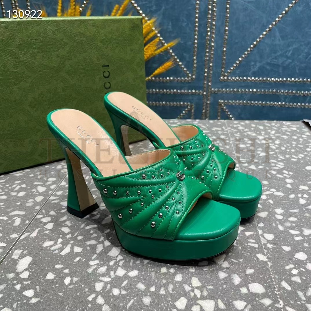 Gvc*1 Women Heeled Slide Sandals Green Leather Studs Spool High 15 Cm Heel Master Quality