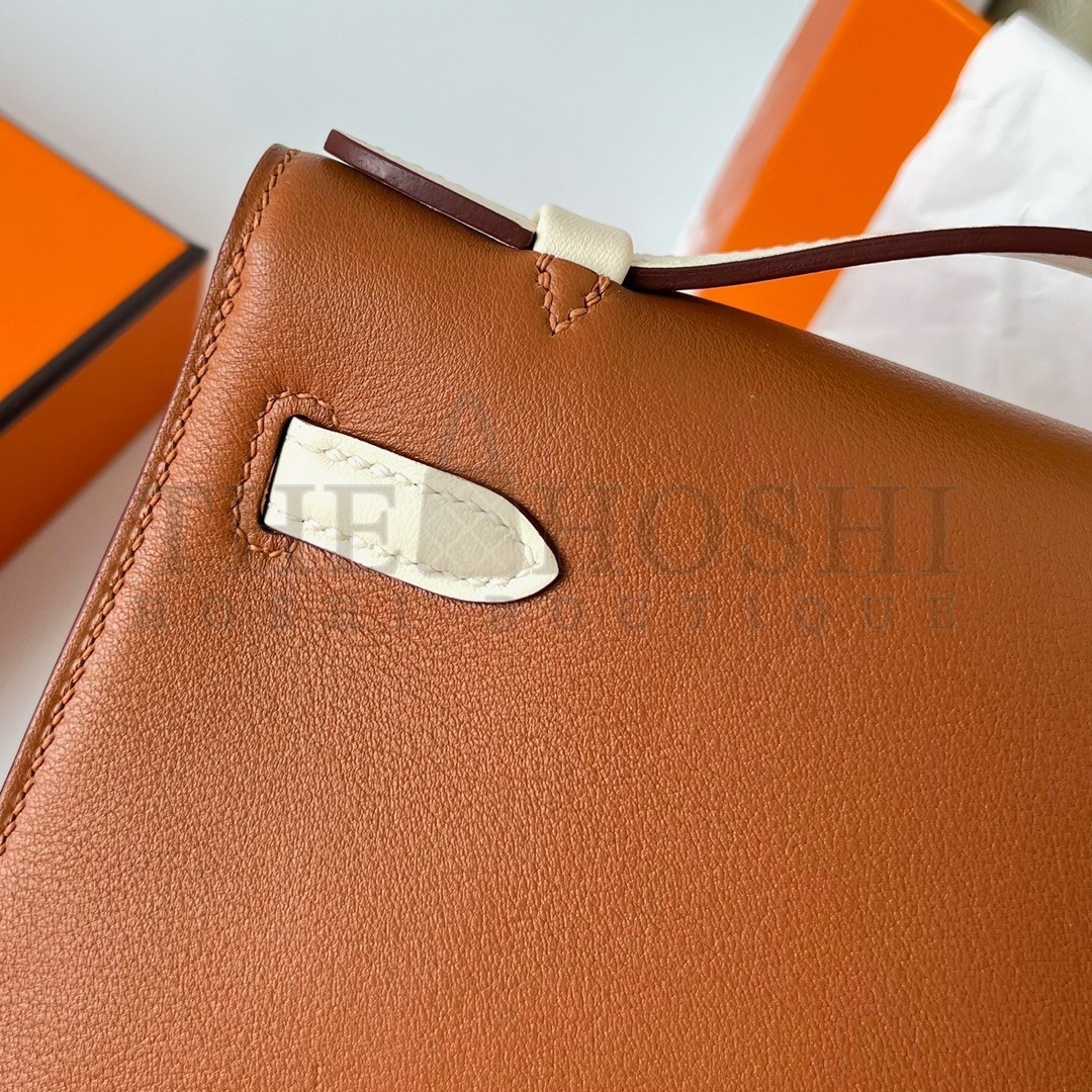 H**me5 HSS Kelly Pochette Bicolor Bag in Gold and Craie Swift Calfskin Master Quality