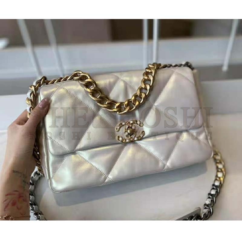 Ch**el Women 19 Large Flap Bag Iridescent Calfskin Gold Silver-Tone &amp; Ruthenium-Finish Metal White Master Quality