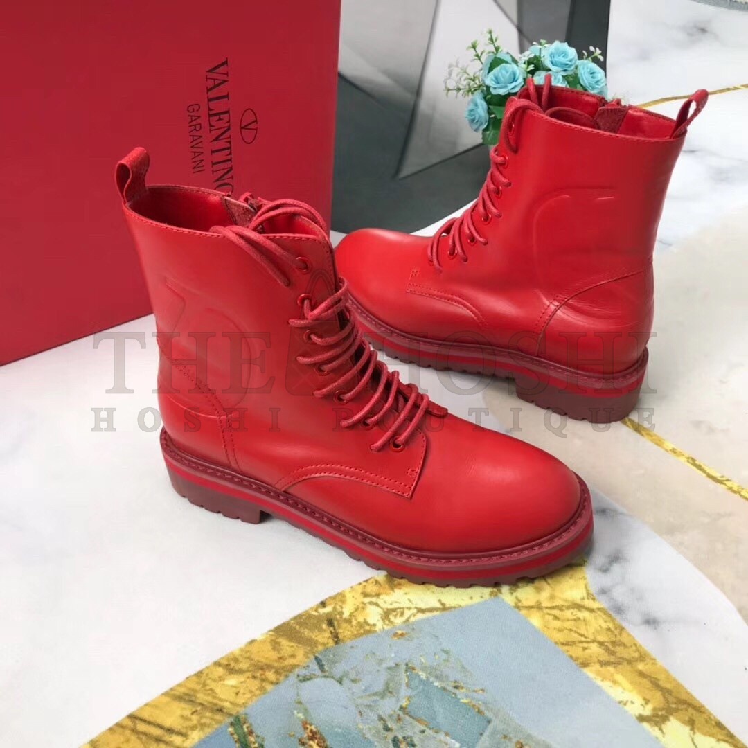 Va1e*ntin0 Red Leather VLogo Combat Boots Master Quality