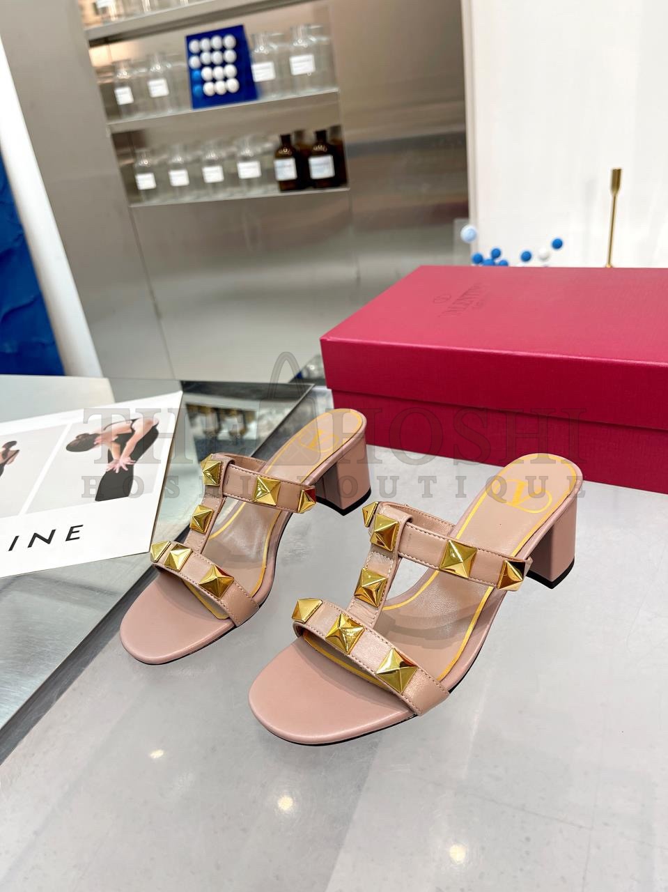 Va1e*ntin0 Roman Stud Slide Sandals 60mm In Rose Cannelle Calfskin Master Quality