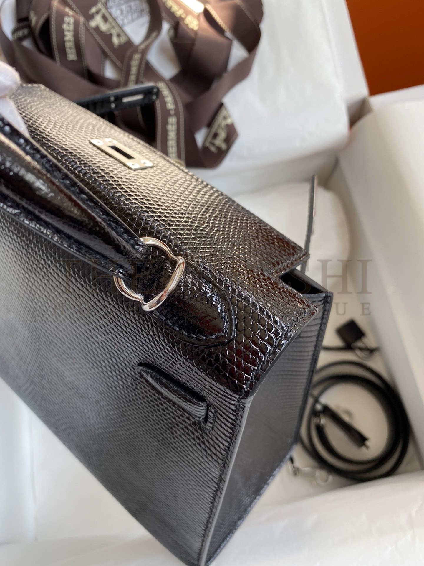 H**me5 Kelly Sellier 25 Handmade Bag In Black Lizard Leather Master Quality