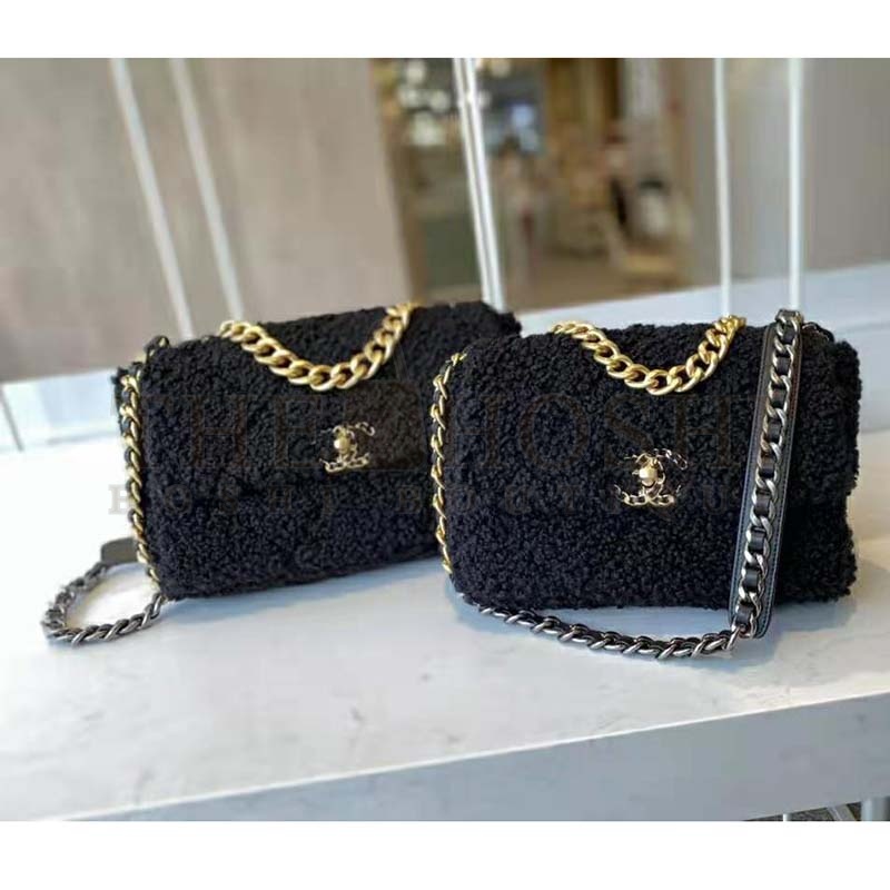 Ch**el Women Ch**el 19 Large Flap Bag Tweed Gold-Silver-Tone &amp; Ruthenium-Finish Metal Black Master Quality