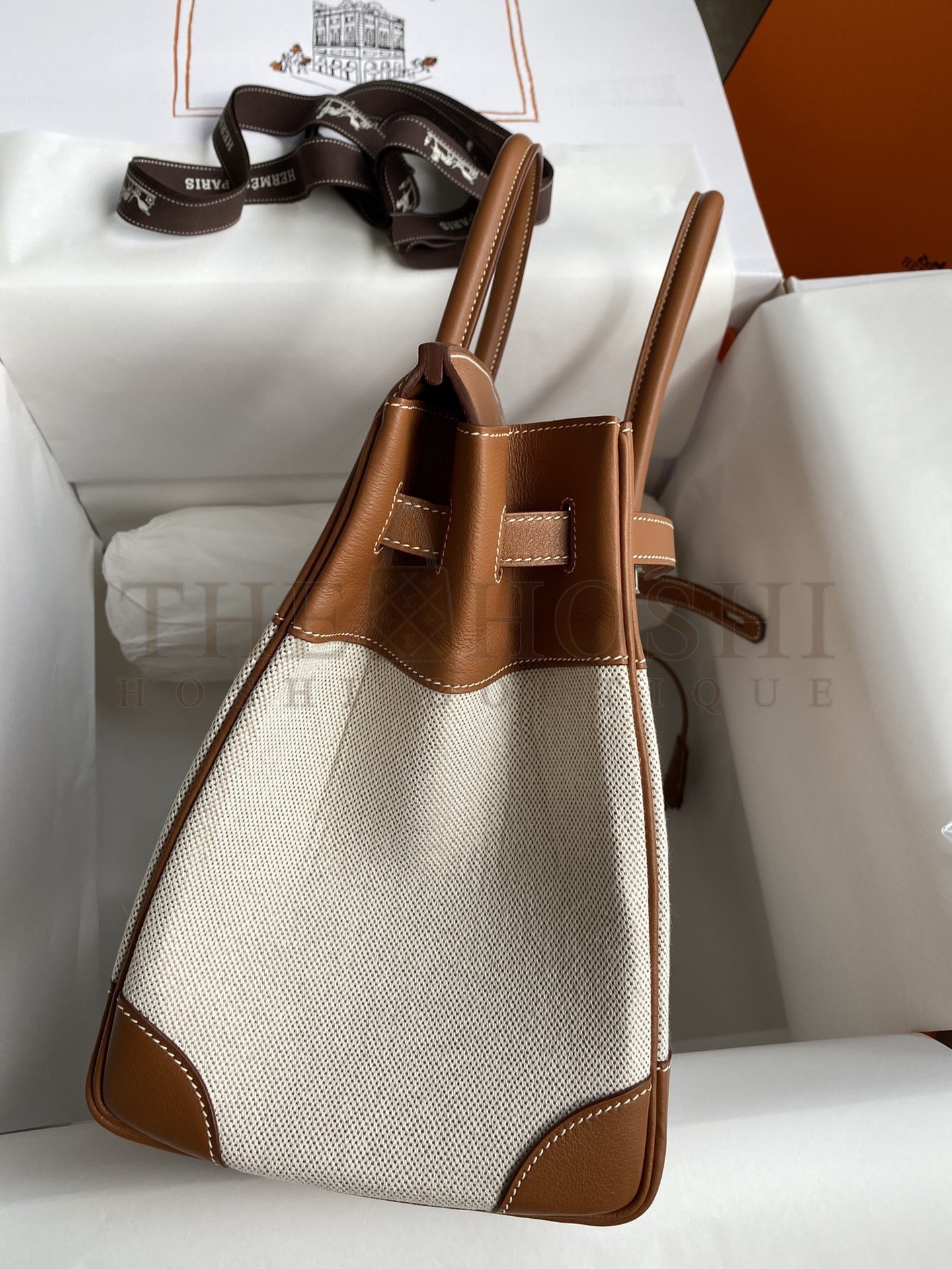 H**me5 Birkin 35 Handmade Bag In Toile &amp; Gold Swift Leather Master Quality