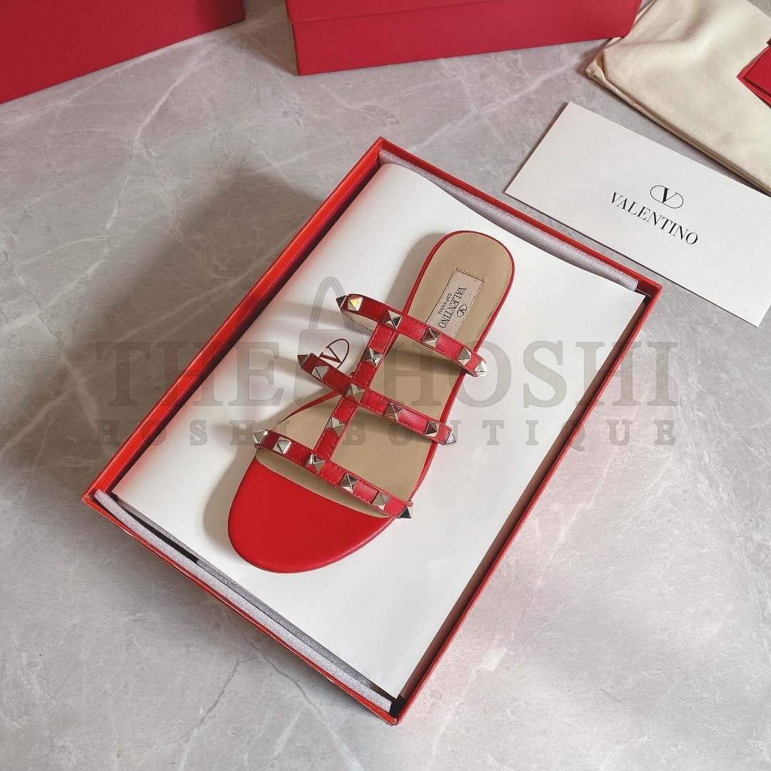 Va1e*ntin0 Garavani Rockstud Flat Sandals In Red Calfskin Master Quality