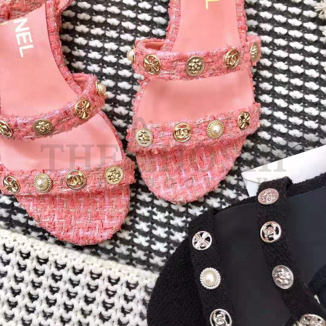 Ch**el Women Sandals Cotton Tweed & Jewelry Coral & Pink 2.5 cm Heel Master Quality