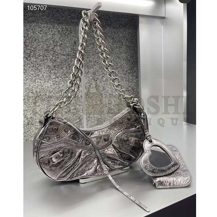 Ba1en*iaga Women BB Le Cagole XS Shoulder Bag Silver Metallized Arena Lambskin Master Quality