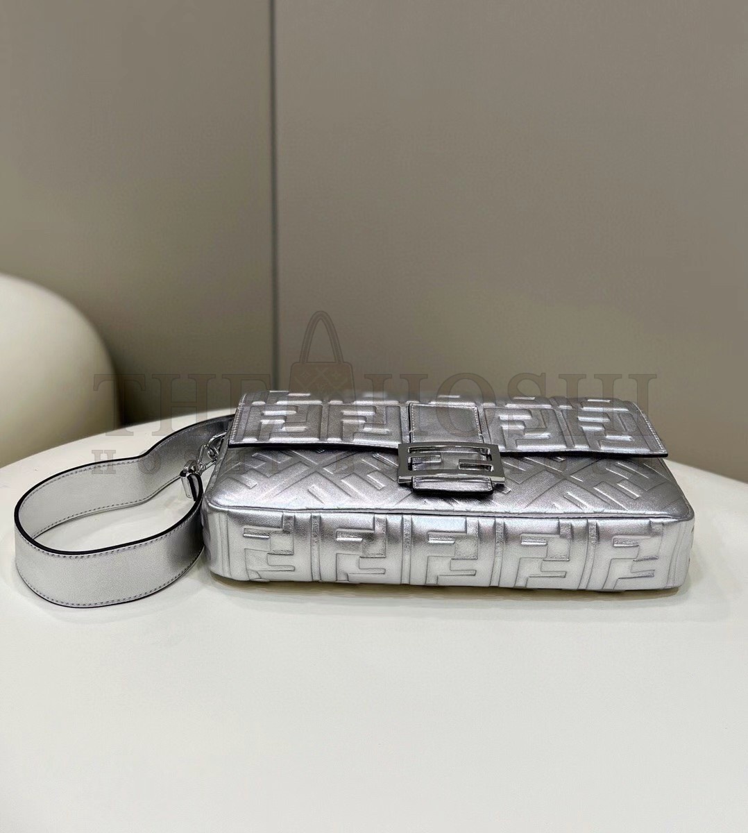 F**di Large Baguette Bag In Silver FF Metallic Leather Master Quality