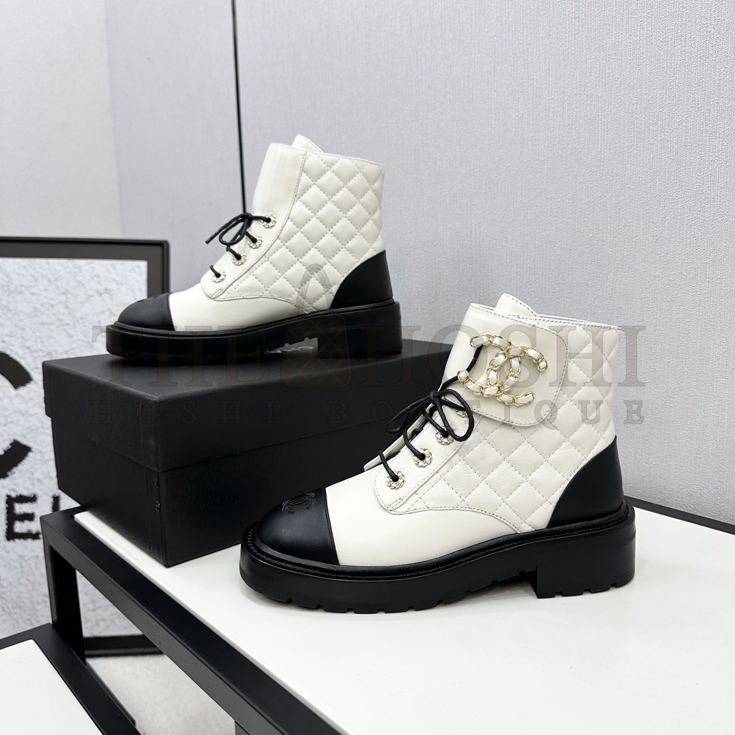 Ch**el  Shiny Lambskin Quilted Lace Up Combat Boots Master Quality