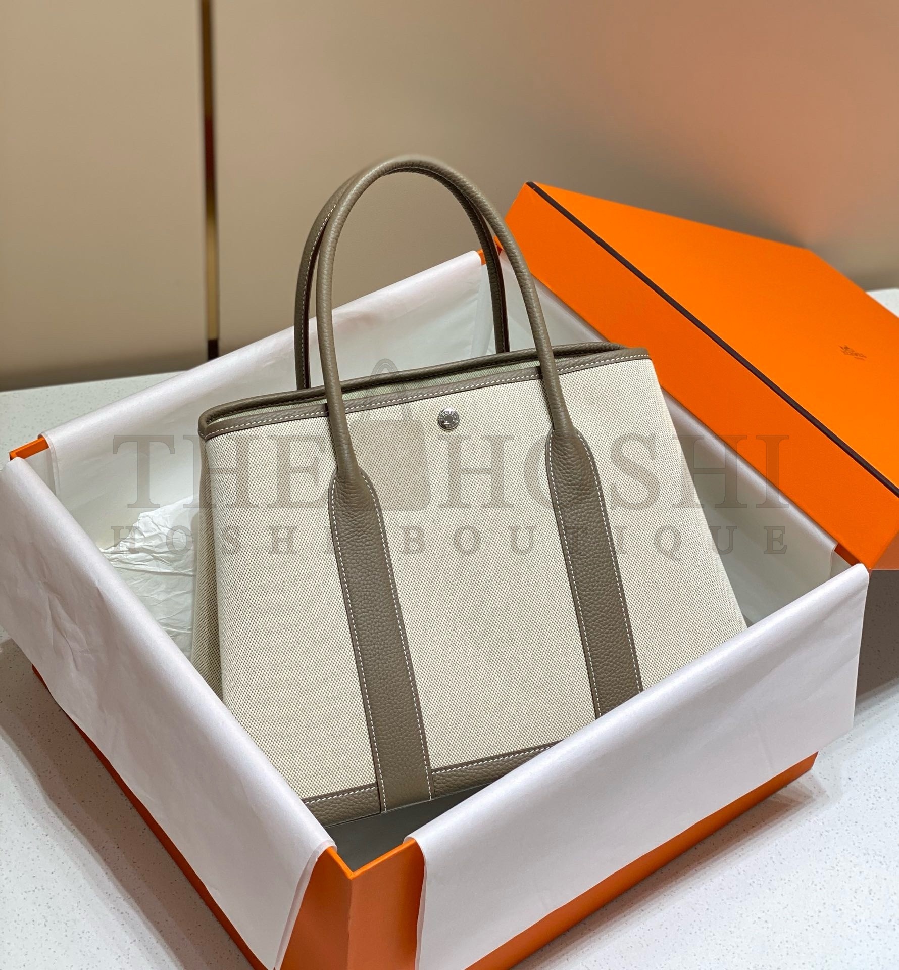 H**me5 Garden Party 36cm Bag in Toile and Taupe Leather Master Quality