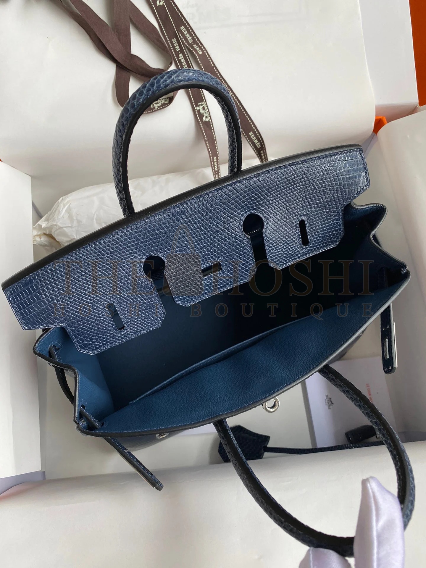 H**me5 Birkin 25 Retourne Handmade Bag In Blue Saphir Lizard Leather Master Quality
