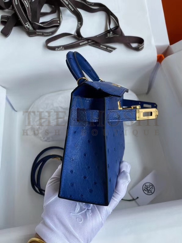 H**me5 Blue Electric Ostrich Kelly Mini II Handmade Bag Master Quality