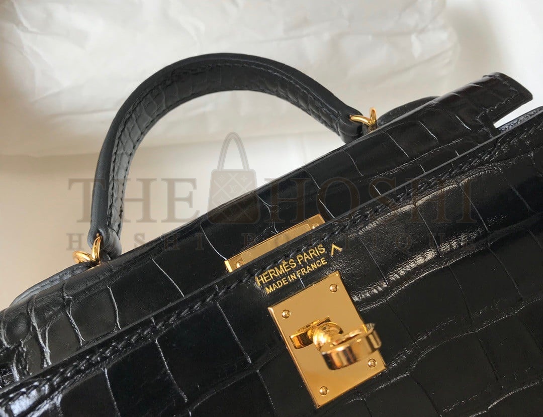 H**me5 Kelly Mini II Sellier Bag In Black Crocodile Embossed Leather Master Quality