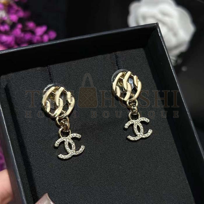 Ch**el Women CC Pendant Earrings Metal Resin Strass Gold White Crystal Master Quality