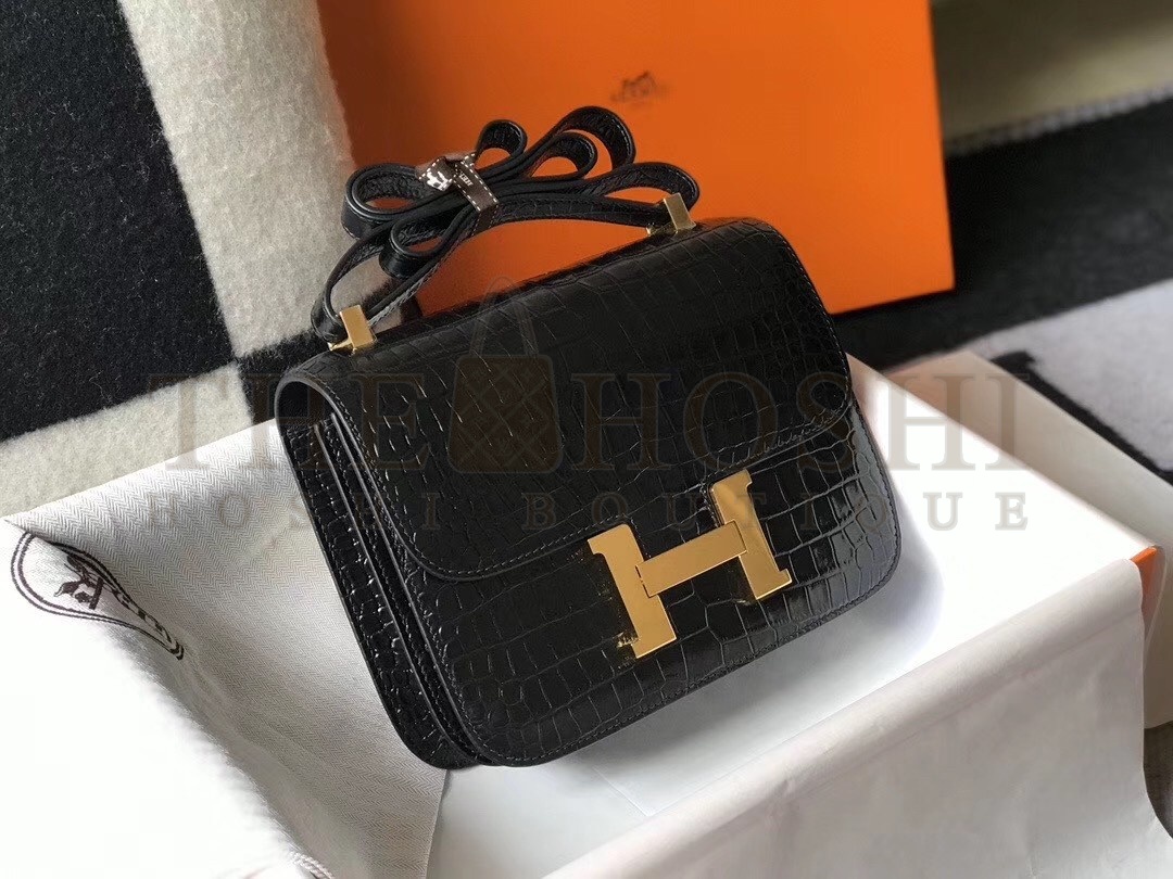 H**me5 Constance 18cm Bag In Black Embossed Crocodile Master Quality