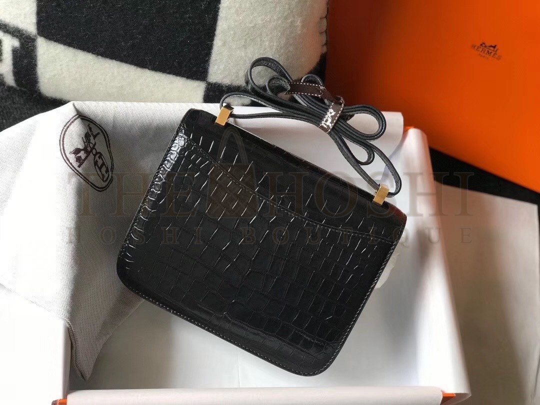 H**me5 Constance 18cm Bag In Black Embossed Crocodile Master Quality