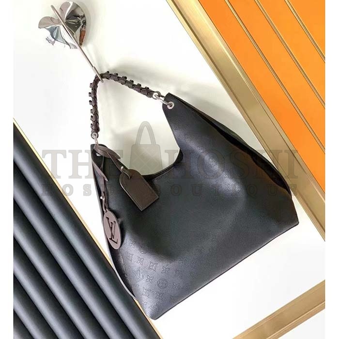 L0vis Vvtt0n LV Women Carmel Hobo Bag Black Mahina Perforated Calf Leather Master Quality