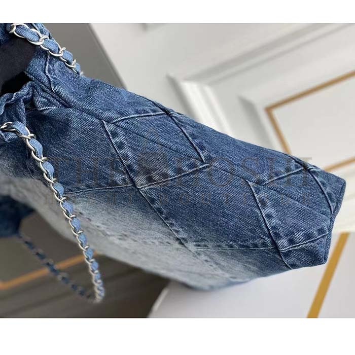 Ch**el Women CC 22 Handbag Washed Denim Silver-Tone Metal Light Blue Master Quality