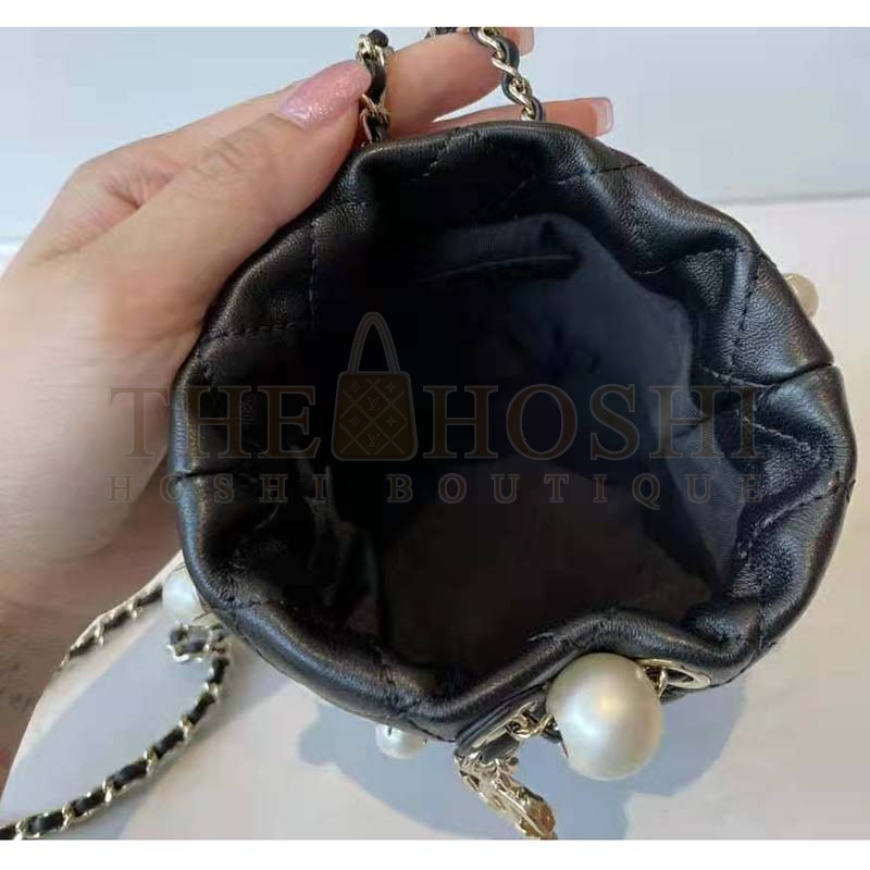 Ch**el Women Mini Drawstring Bag Lambskin Imitation Pearls &amp; Gold-Tone Metal Black Master Quality