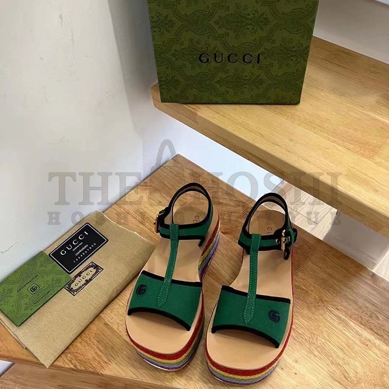 Gvc*1 Women G2 Platform Sandals Green Cotton Double G Embroidery 4 Cm Heel Master Quality