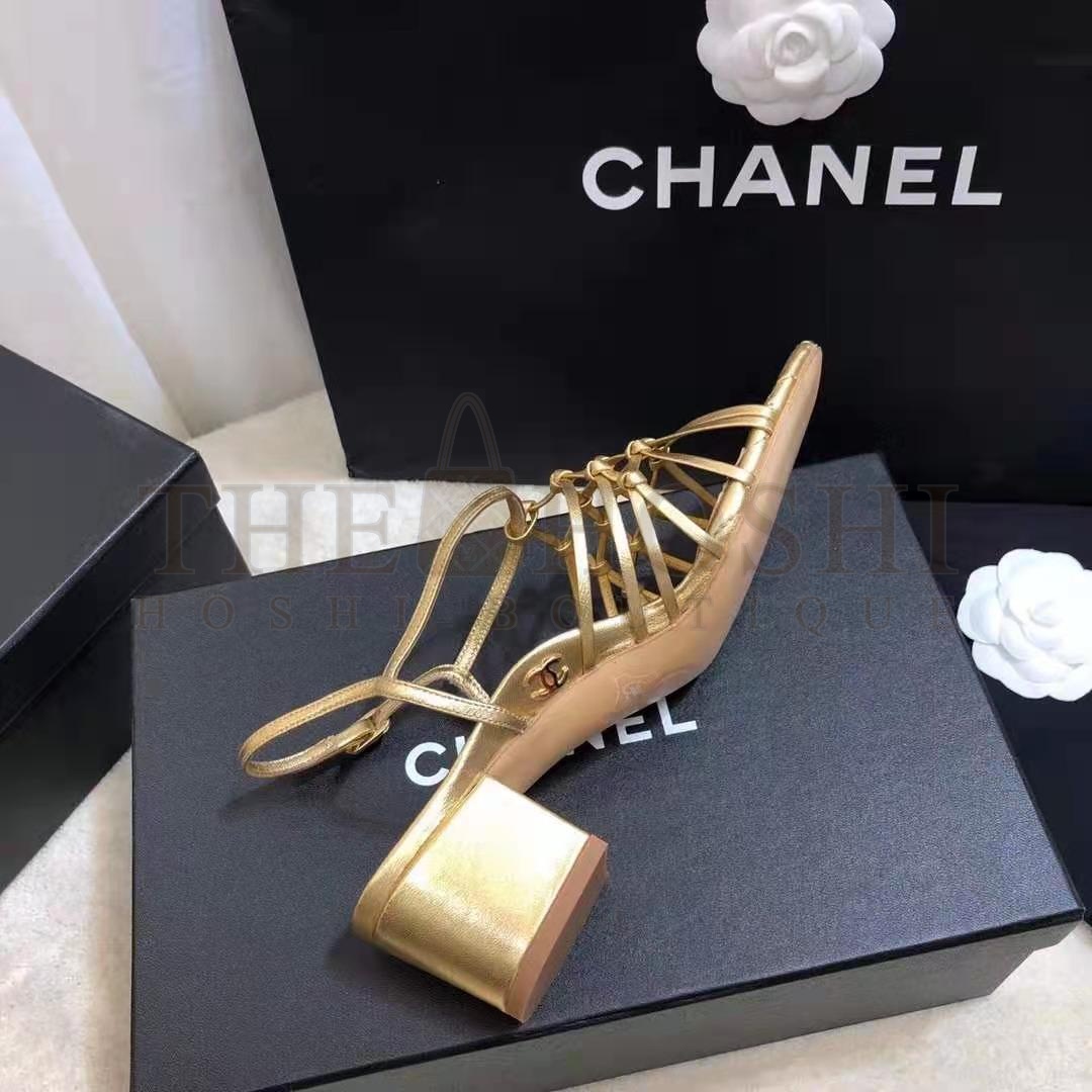 Ch**el Women Sandals Laminated Lambskin Gold 5 cm Heel Master Quality
