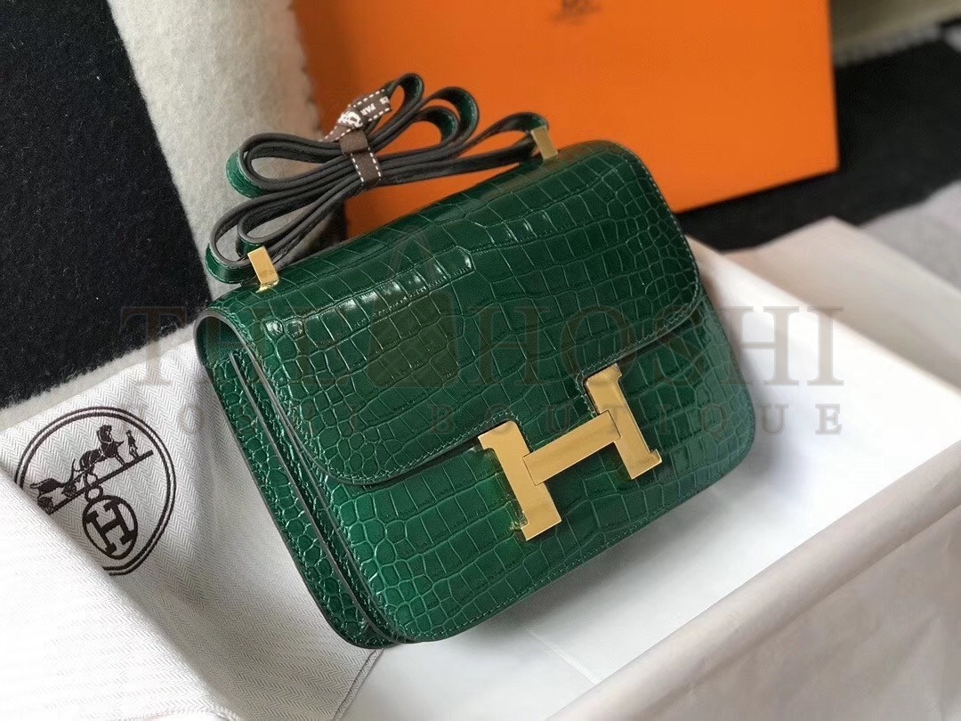 H**me5 Constance 24cm Bag In Green Embossed Crocodile Master Quality