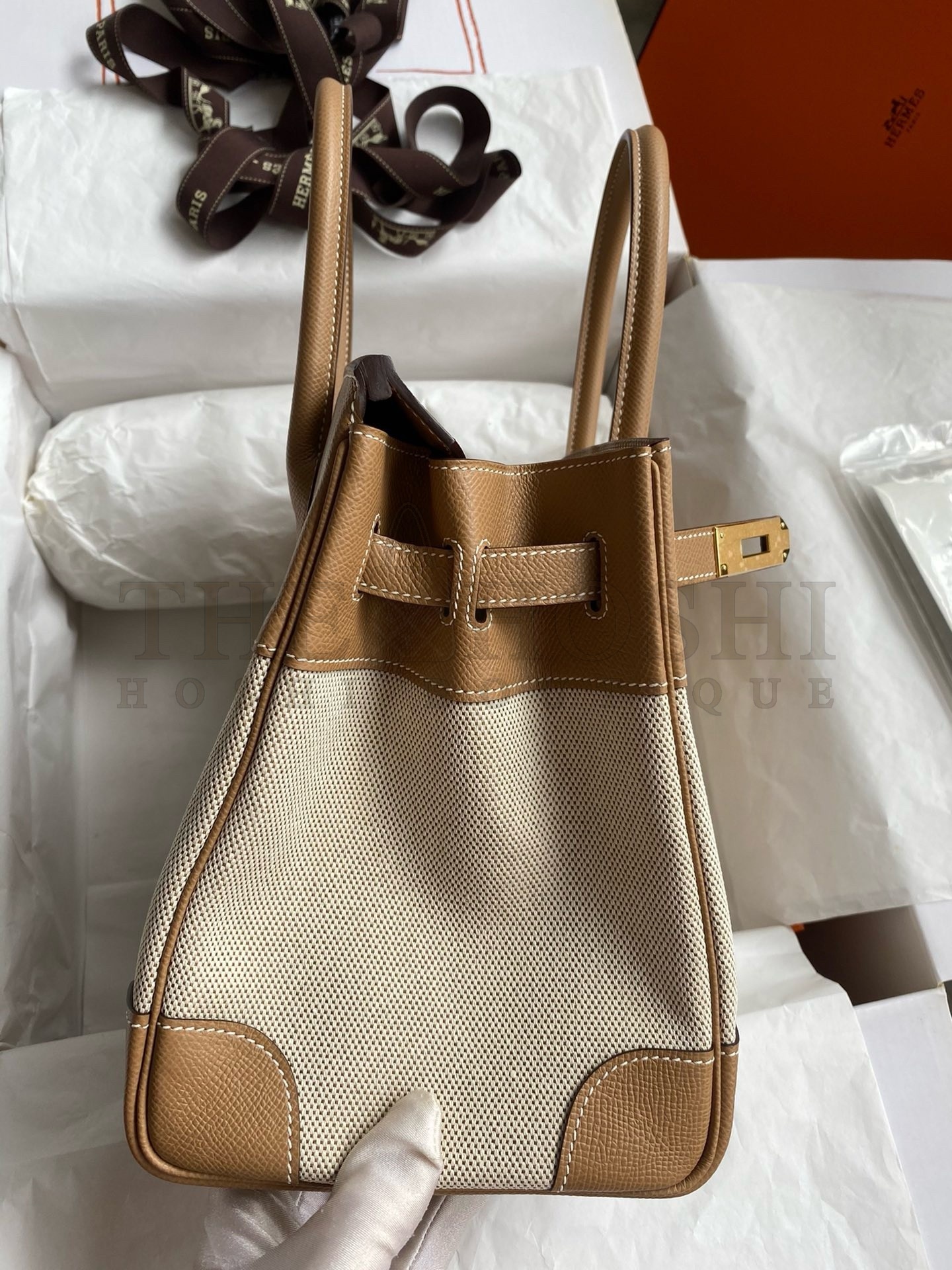 H**me5 Birkin 30 Handmade Bag In Toile & Chai Epsom Leather Master Quality