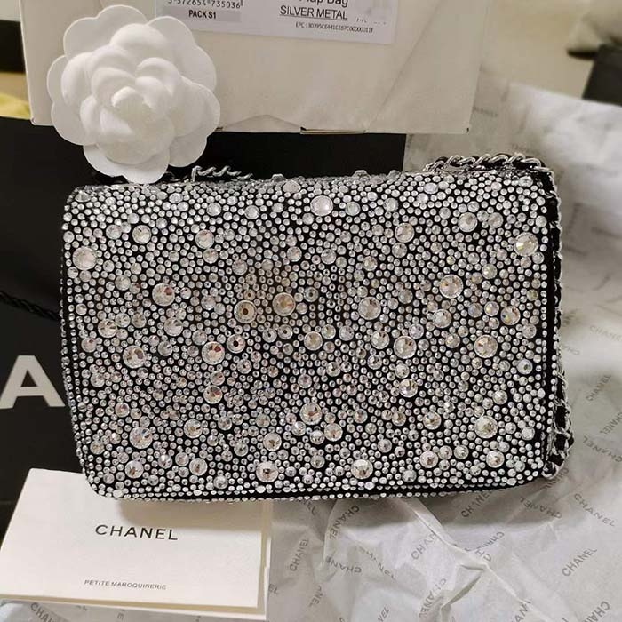 Ch**el CC Women Mini Flap Bag Satin Strass Silver-Tone Metal Silver Master Quality