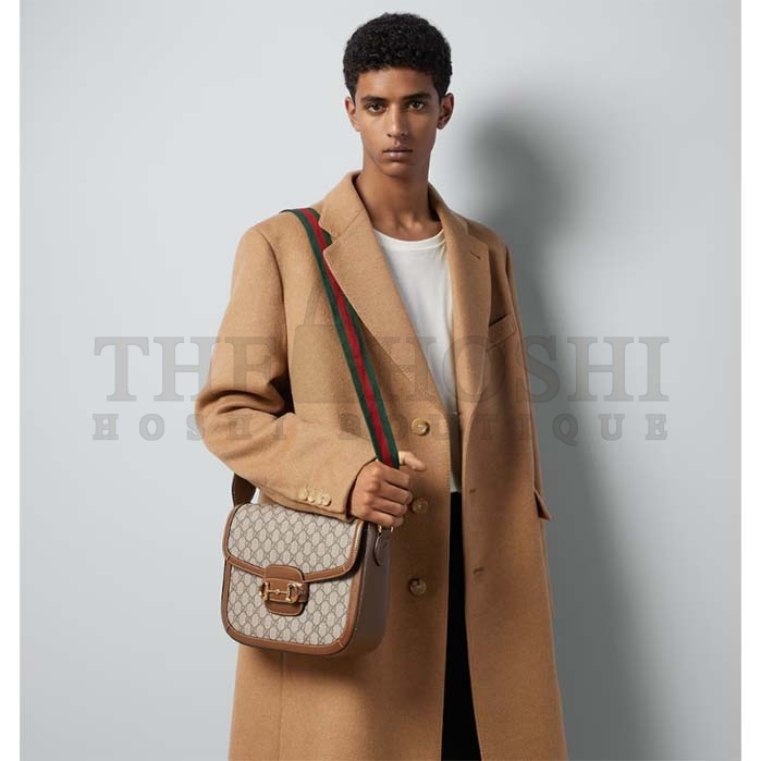 Gvc*1 Unisex Gvc*1 Horsebit 1955 Crossbody Bag Beige Ebony GG Svp*me Canvas Brown Leather Master Quality