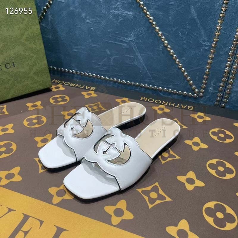 Gvc*1 Unisex Interlocking G Cut-Out Slide Sandals White Leather Flat 1 cm Heel Master Quality