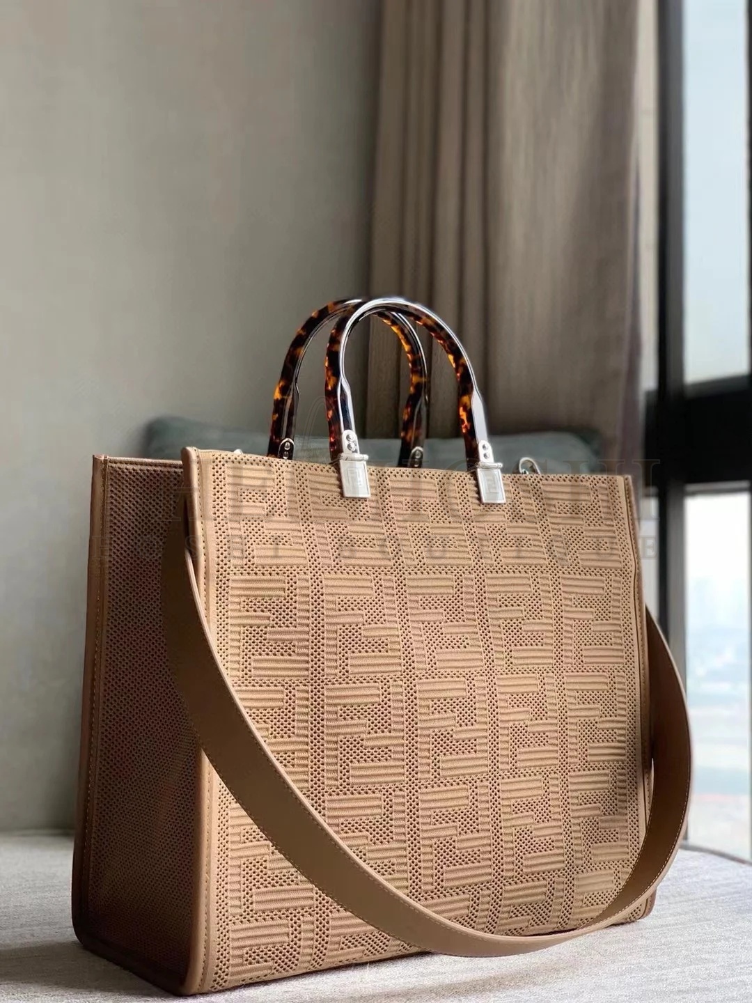 F**di Sunshine Medium Tote Bag In Beige FF Fabric Master Quality