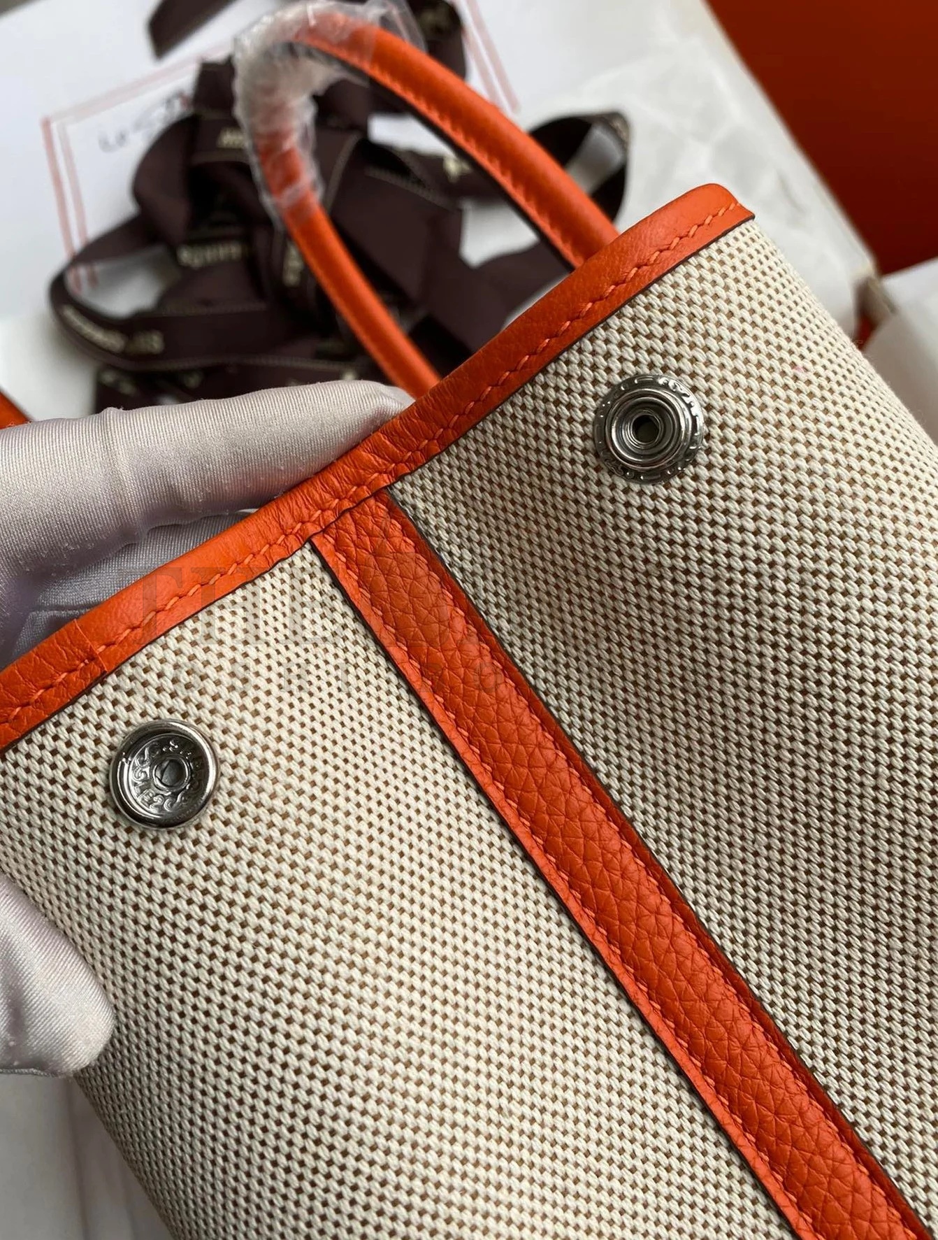 H**me5 Garden Party 30 Handmade Bag in Toile and Orange Leather Master Quality