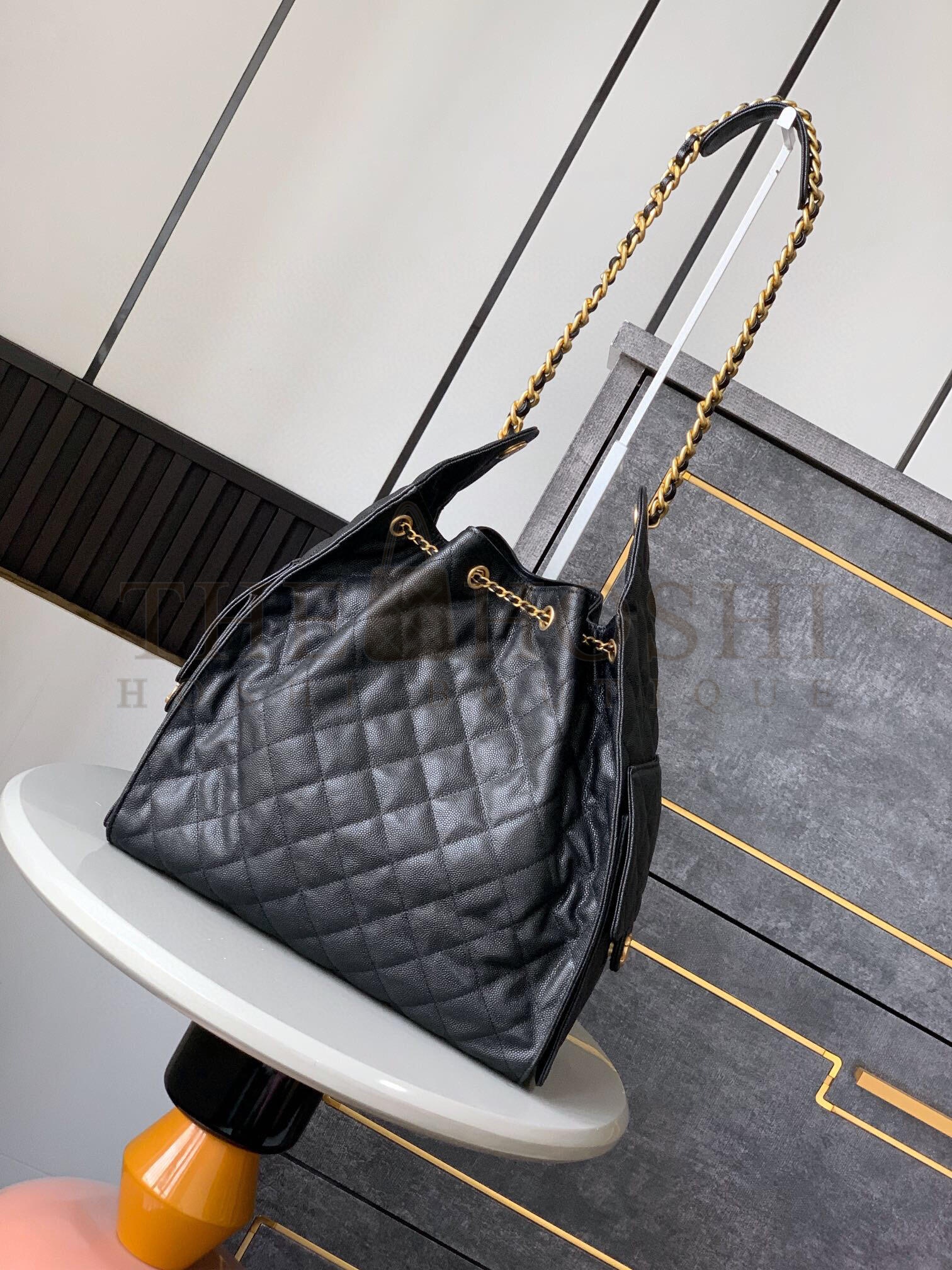 Ch**el 25C AS5631 Hobo Drawstring Bag Black Caviar Leather with Gold Chain 40*15*30CM Master Quality