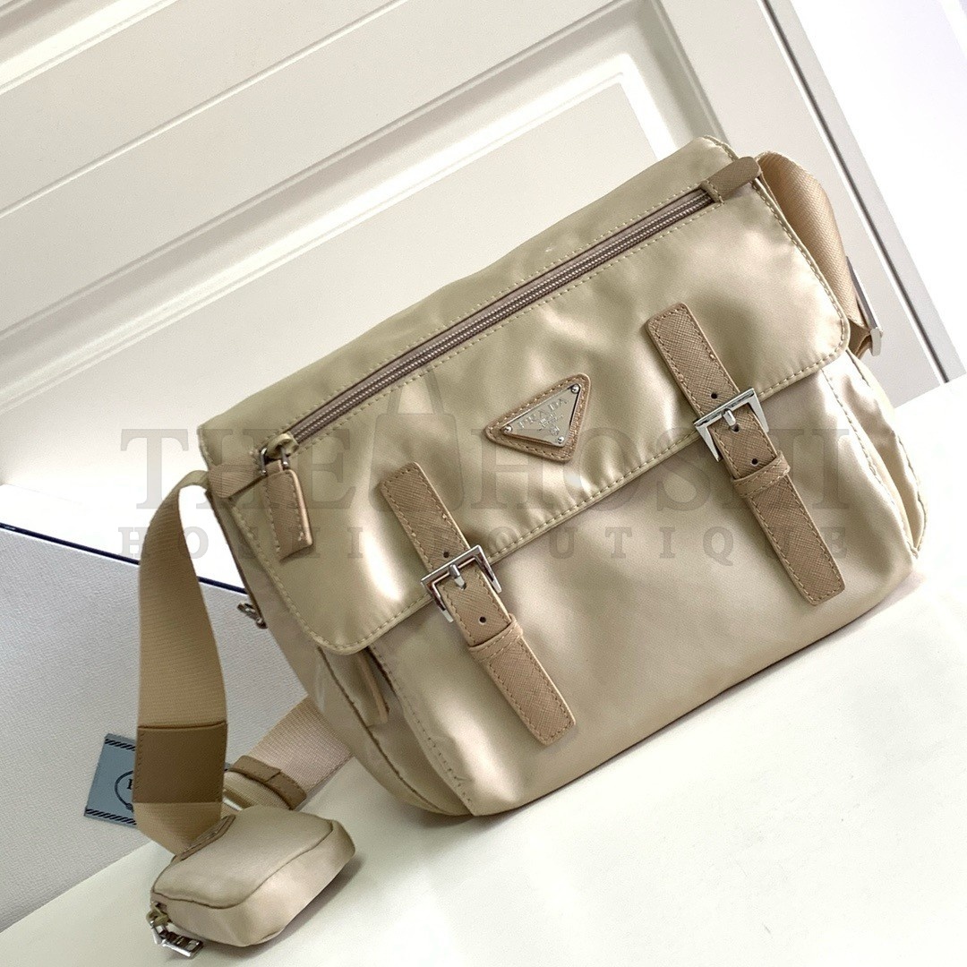 Pra*a Shoulder Bag with Flap in Beige Re-Nylon Master Quality