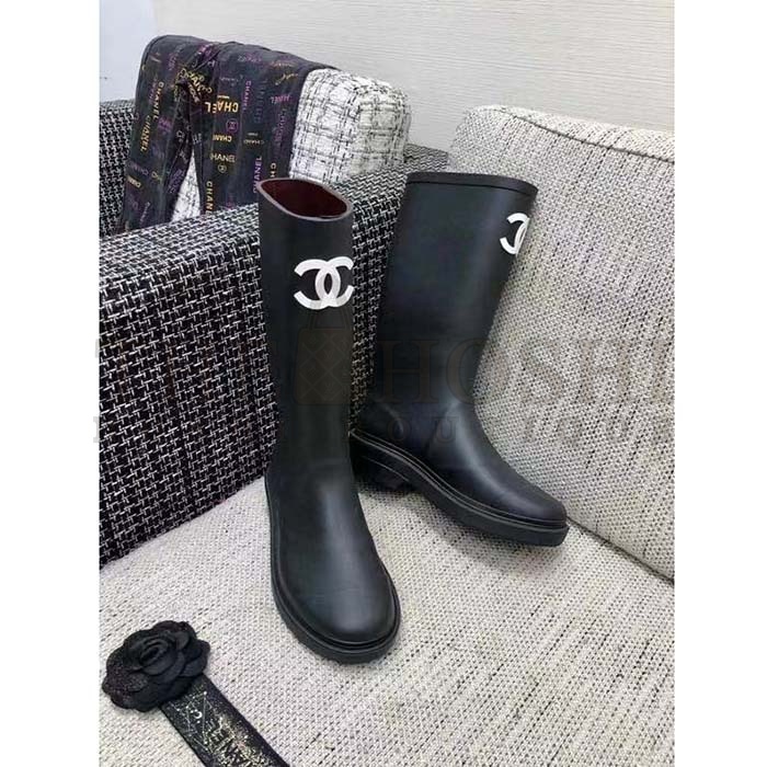 Ch**el Women CC High Boots Caoutchouc Leather Black Master Quality