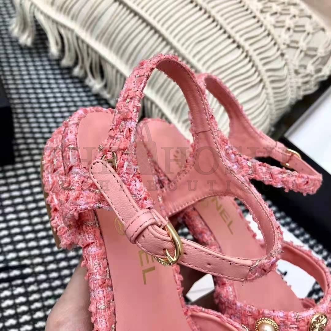 Ch**el Women Sandals Cotton Tweed & Jewelry Coral & Pink 2.5 cm Heel Master Quality