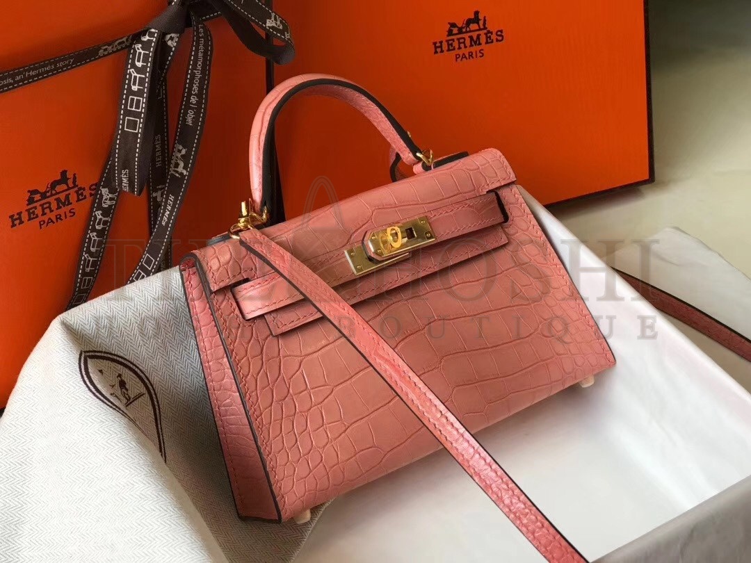 H**me5 Kelly Mini II Bag In Pink Crocodile Embossed Leather Master Quality